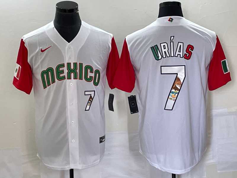 Men%27s Mexico Baseball #7 Julio Urias Number 2023 White Red World Classic Stitched Jersey13